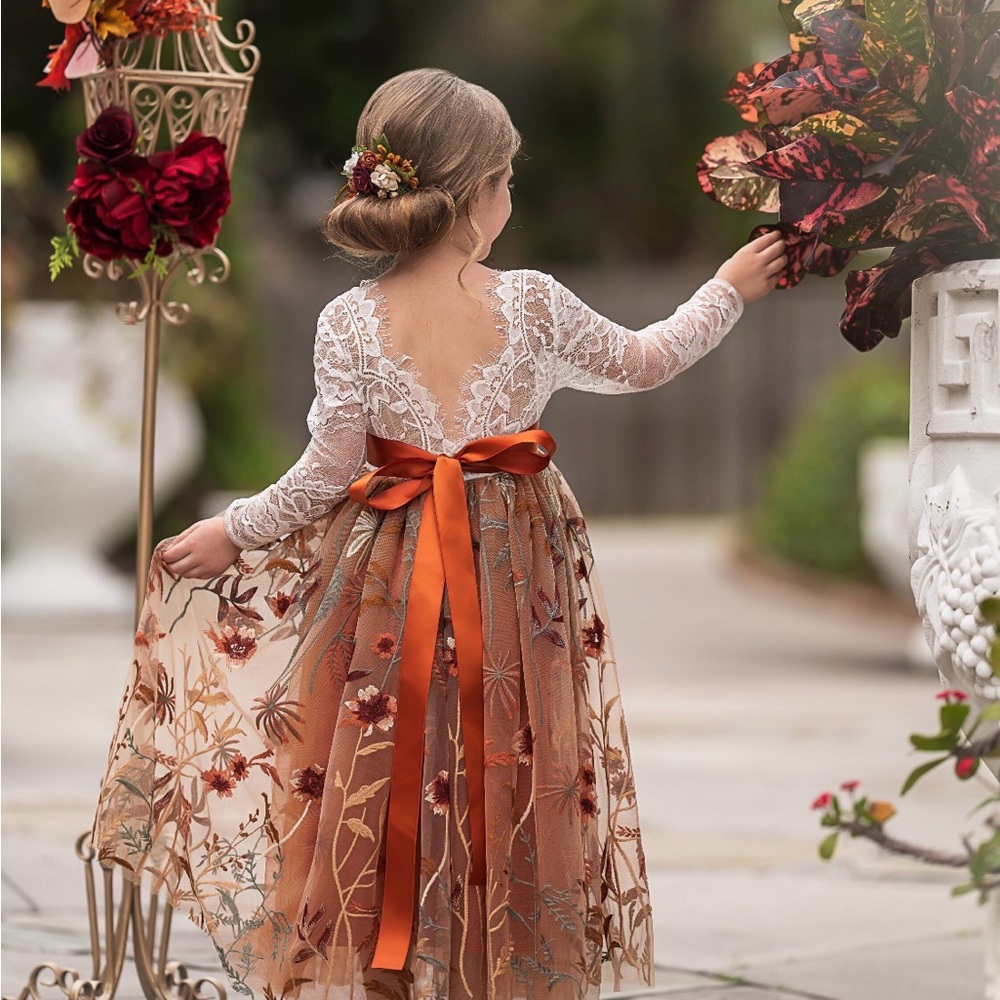 Girls' Ivory Lace & Rust Floral Tulle Formal Dress